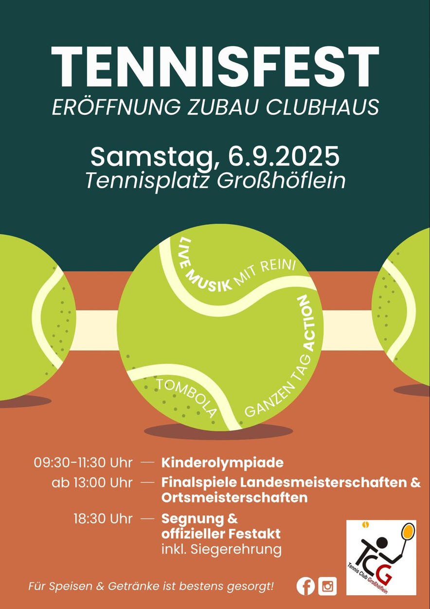 Tennisfest: Eröffnung Zubau Clubhaus: SA, 6.9.2025